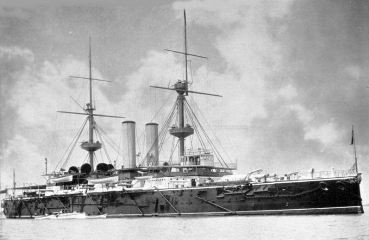 HMS Royal Sovereign at anchor, about 1897