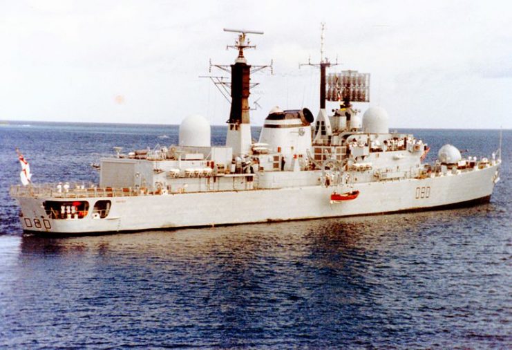 HMS Sheffield at Diego Garcia. February 1982.Photo Nathalmad CC BY 3.0