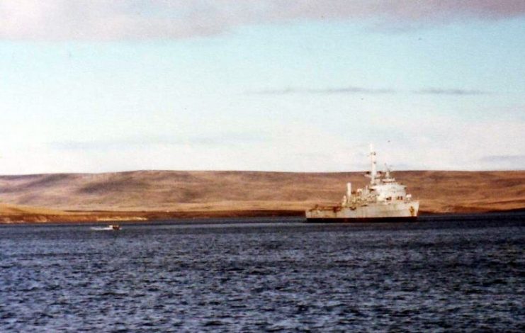 HMS Fearless at San Carlos