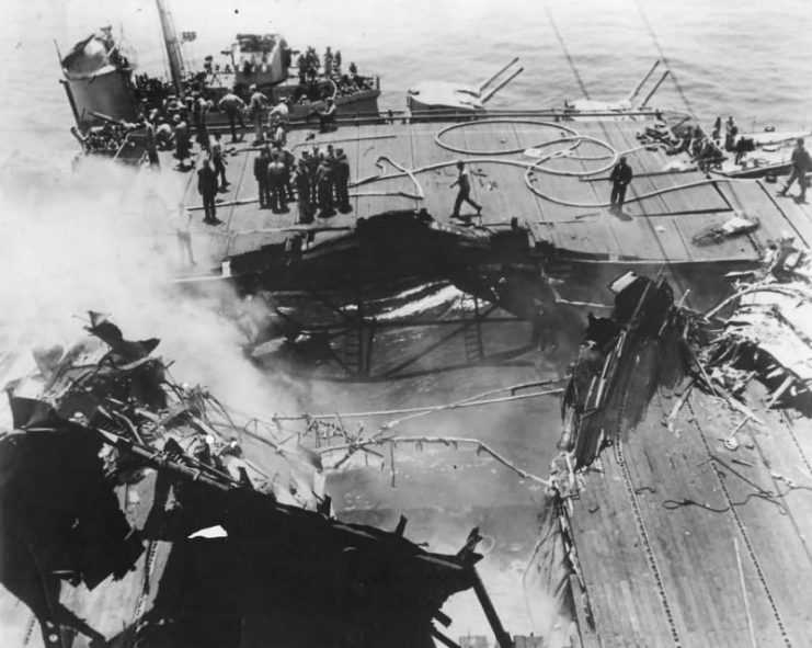 Hole in Flight Deck of USS Bunker Hill CV-17 after Hit off Okinawa.