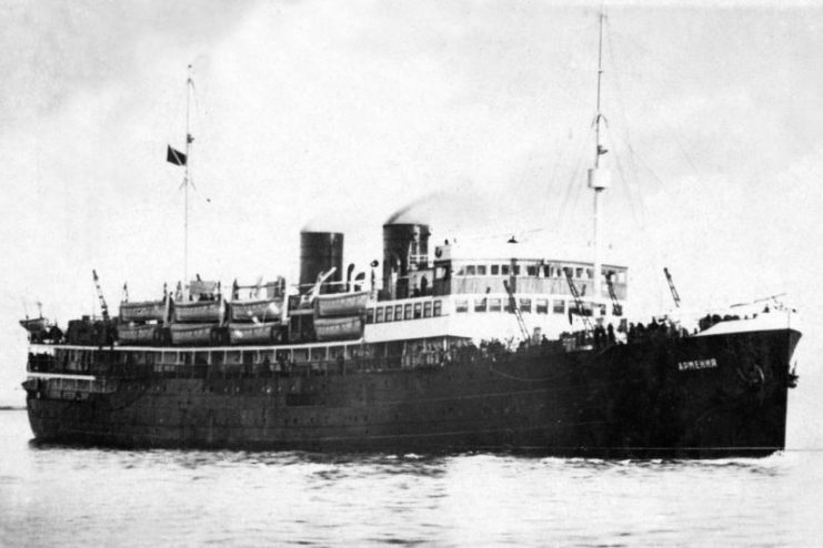 Soviet hospital ship “Armenia”, similar to “Krasnaya Moskva”. Armenia was sunk in 1941 with approximately 5,000 to 7,000 onboard, making it one of the deadliest maritime disasters in history.