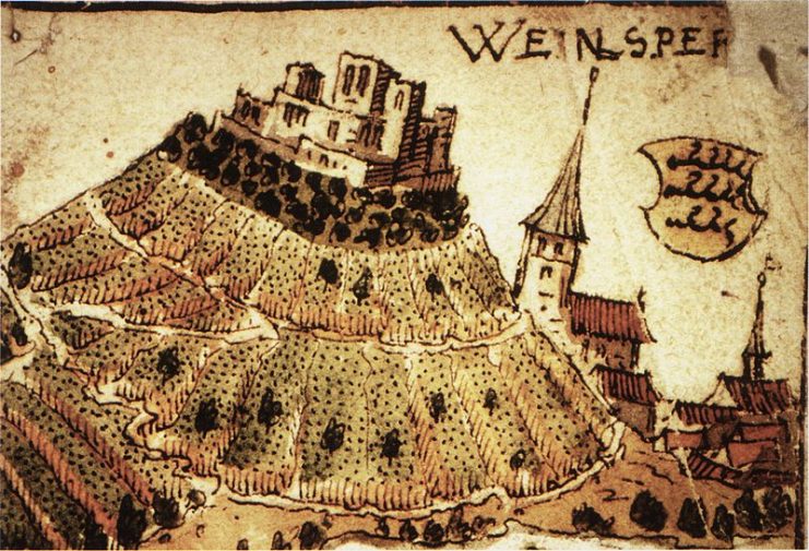 Illustration of the castle at Weinsberg, surrounded by vineyards. At Weinsberg, the peasants overwhelmed the castle, and slaughtered the aristocratic landlords.