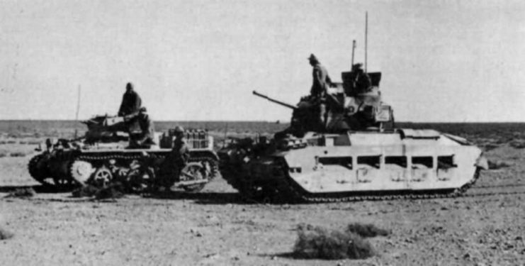 Infanterie Panzerkampfwagen Mk.II 748(e) Matilda II and Panzer I of the Afrika Korps