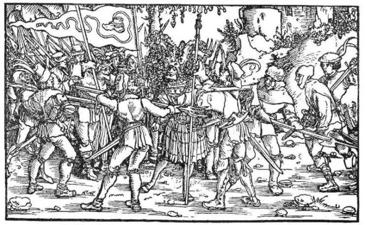 Insurgent farmers with Bundschuhfahne surround a knight. Woodcut of the so-called Petrarch Master from the Trost Mirror, 1539.