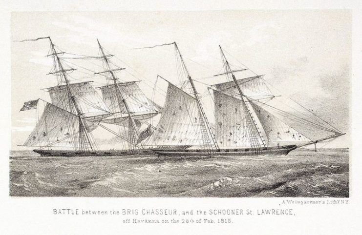 Lithograph of the engagement between the American privateer ‘”Chasseur and HMS St Lawrence