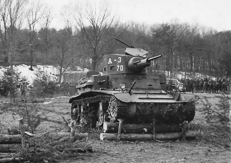 M2A4 tank crosses barrier during Maneuvers at Fort Belvoir 1941