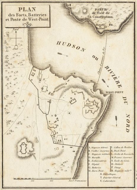 Map depicting the fortifications of West Point in 1780, at the time Benedict Arnold attempted to surrender it to the British.
