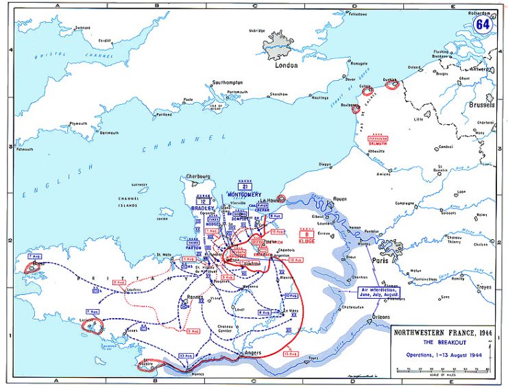 Map showing the break-out from the Normandy beachhead and the formation of the Falaise Pocket, August 1944.