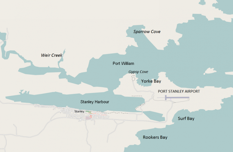 Map showing the Port Stanley area.Photo Dr. Blofeld CC BY 3.0