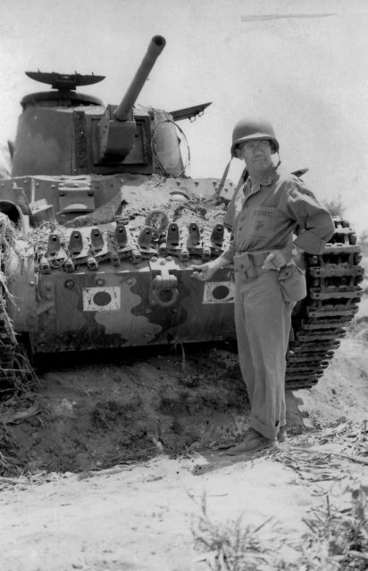 Marine General Thomas Watson and Japanese Type 95 “Ha-Go” tank, Saipan 1944