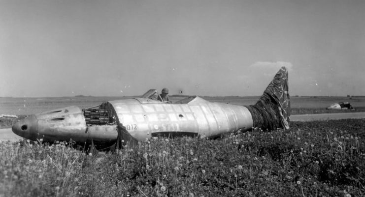 Me262 jet fighter wreck at Erding Field, Germany 1945