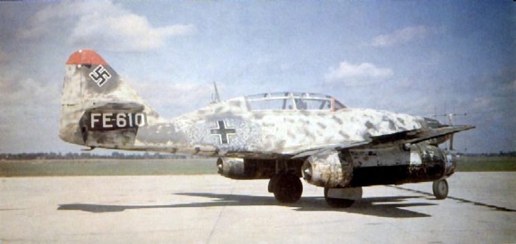 Me 262B-1a/U1 night fighter, Wrknr. 110306, with FuG 218 Neptun antennae in the nose and second seat for a radar operator. This airframe was surrendered to the RAF at Schleswig in May 1945 and taken to the UK for testing.