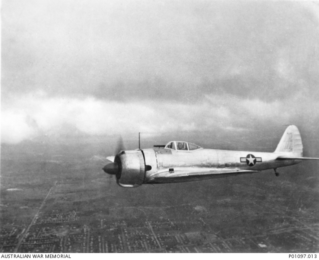 Nakajima Ki-43-I Hayabusa aircraft in flight over Brisbane, Queensland (Australia) in 1943.
