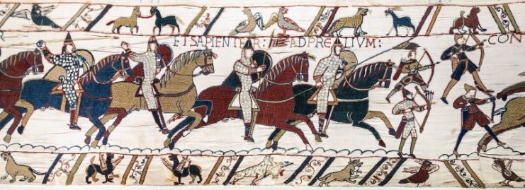 Norman knights and archers at the Battle of Hastings depicted in the Bayeux Tapestry