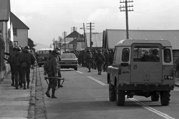 Argentine soldiers in Stanley during Operation Rosario. Falklands War.