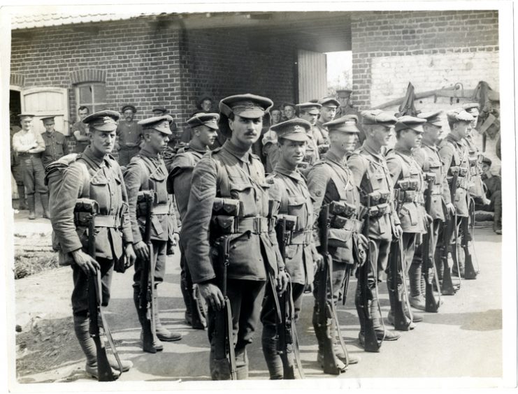 Men of the Leicesters going home on leave for 7 days from the front ww1.