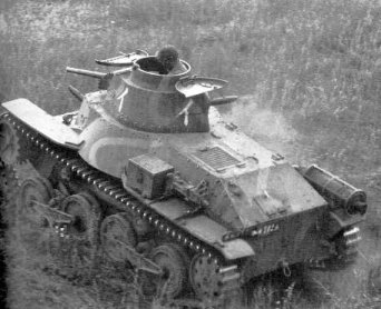 Rear-side angle view of IJA Type 95 Ha-Go of the Manchuria Tank School with inverted suspension components.