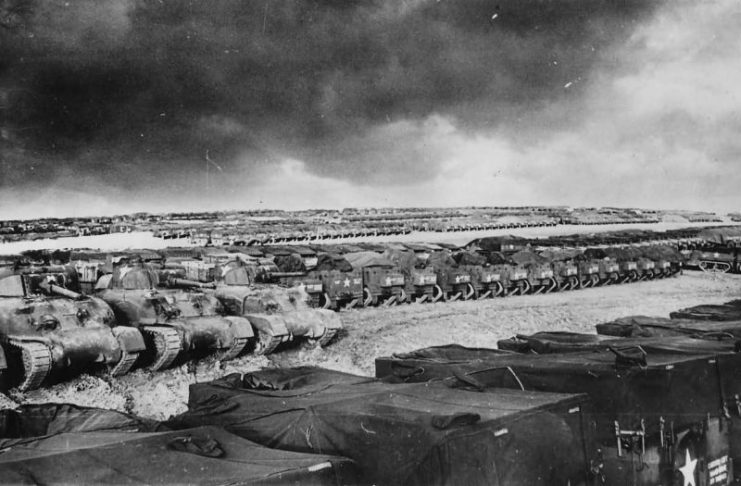 Rows of US Tanks And Halftracks In England Before D-Day Invasion 1944