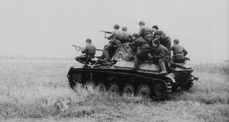 Russian troops riding on the T-70 tank, 1942