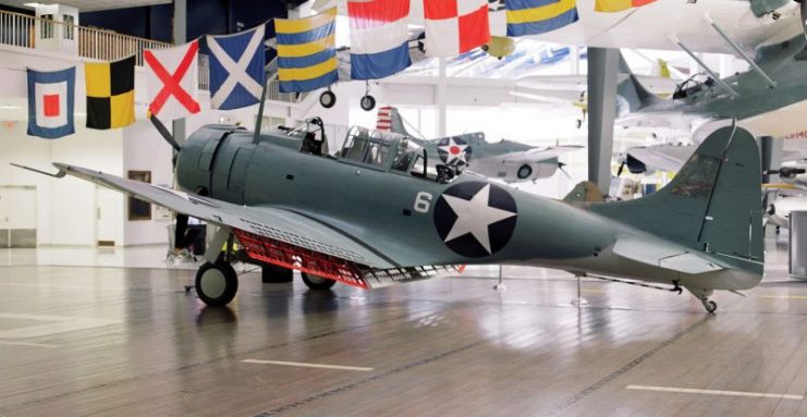 This SBD-2 was one of sixteen dive bombers of VMSB-241 launched from Midway on the morning of 4 June. Holed 219 times in the attack on the carrier Hiryū, it survives today at the National Naval Aviation Museum at Pensacola, Florida.