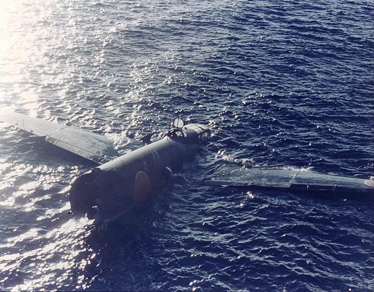 Guadalcanal-Tulagi Operation, 7-9 August 1942 Largely intact floating wreckage of a Japanese Navy Type 1 land attack plane (a type later code named “Betty”), which crashed during the aerial torpedo attack on the Allied invasion
