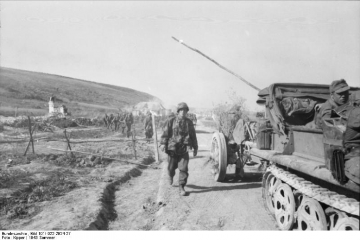 Operation Citadel, Part of Battle of Kursk on the Eastern Front of WW II.German half-track towing a gun, during the operation.Photo Bundesarchiv, Bild 101I-022-2924-27 / Kipper / CC-BY-SA 3.0