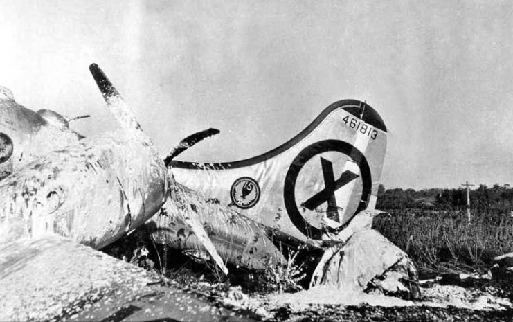 A photo-reconnaissance B-29 that crash-landed at Iruma Air Base, Japan after being severely damaged by MiG-15 fighters over the Yalu River; the B-29’s tail gunner shot down one of the attackers (9 November 1950)