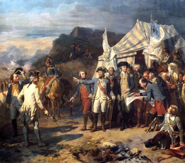 Siège de Yorktown by Auguste Couder, c. 1836.[c] Rochambeau and Washington giving their last orders before the battle.
