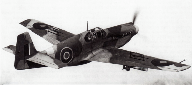 Sole RAF A-36A on demonstration flight showing dive brakes.