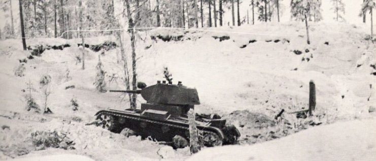 Soviet T-26 tank at Kollaanjoki in Winter War.