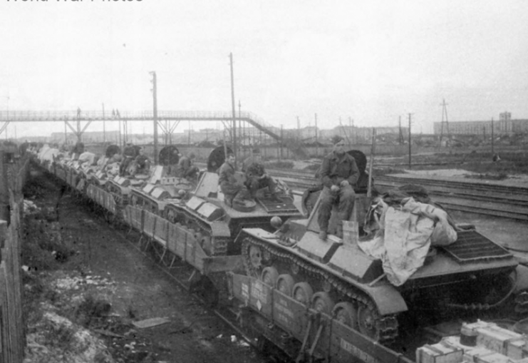 T-70 loaded onto a rail car for transport.