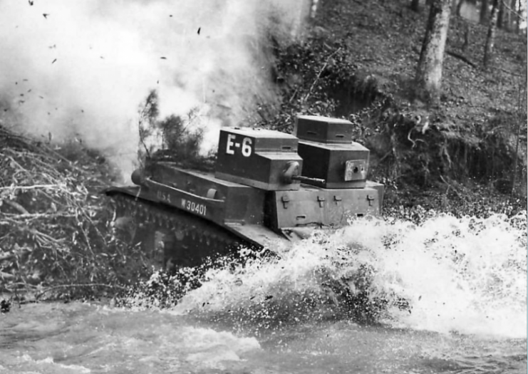 Tank M2A2 “E-6” 30401 fording a creek during maneuvers at Fort Benning 1941