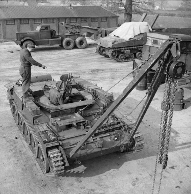 THE BRITISH ARMY IN THE UNITED KINGDOM 1939-45; Crusader ARV with A-frame jib and twin Bren AA mount.