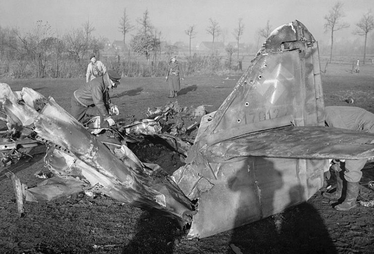 The remains of a Messerschmitt Me 262 of 2. KG 5, shot down over B86 Helmond, Holland, the previous day by a 40mm Bofors gun crew