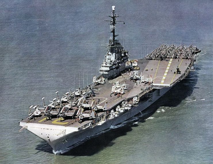 The U.S. Navy aircraft carrier USS Bon Homme Richard (CVA-31) underway.