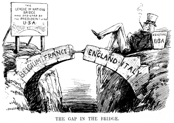 The Gap in the Bridge; the sign reads “This League of Nations Bridge was designed by the President of the U.S.A.” Cartoon from Punch magazine, 10 December 1920, satirizing the gap left by the US not joining the League.