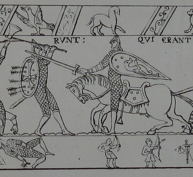 This part of the Bayeux tapestry shows a fight between a Norman knight and an English housecarl, wielding a Dane ax with two hands.
