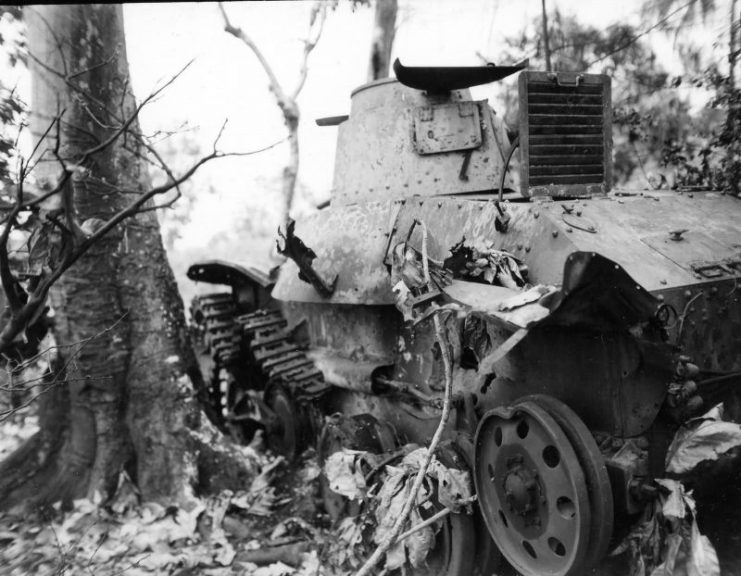 Type 95 “Ha-Go” light tank detracked and wrecked in Saipan, July 1944.