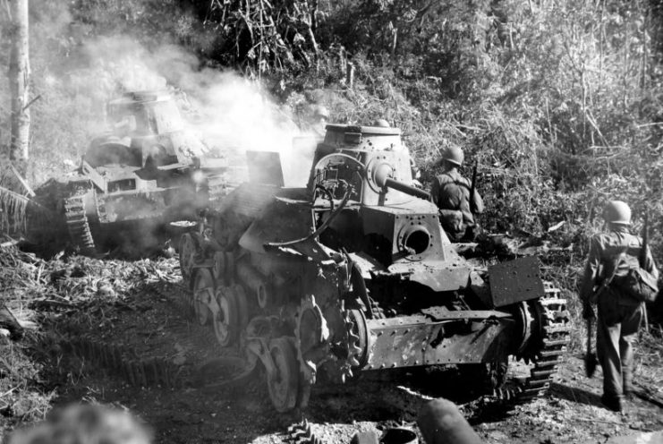 Type 95 “Ha-Go” light tanks burning on Guam, 1944