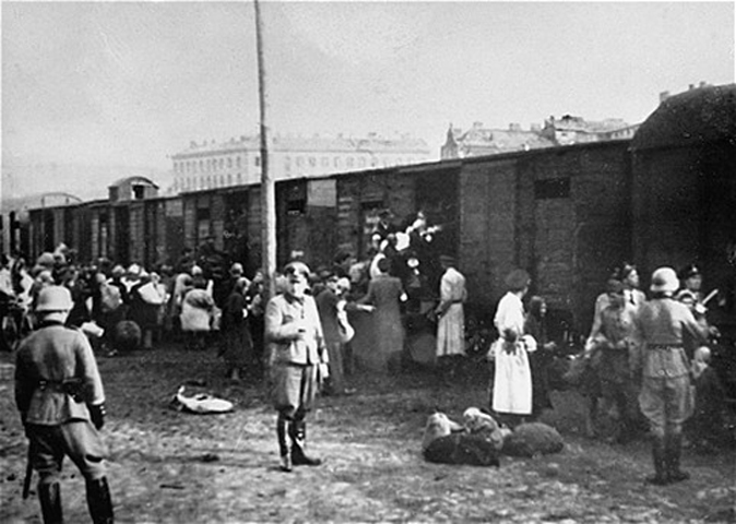 Jews loading onto trains at the Umschlagplatz in Warsaw during the German occupation of Poland.