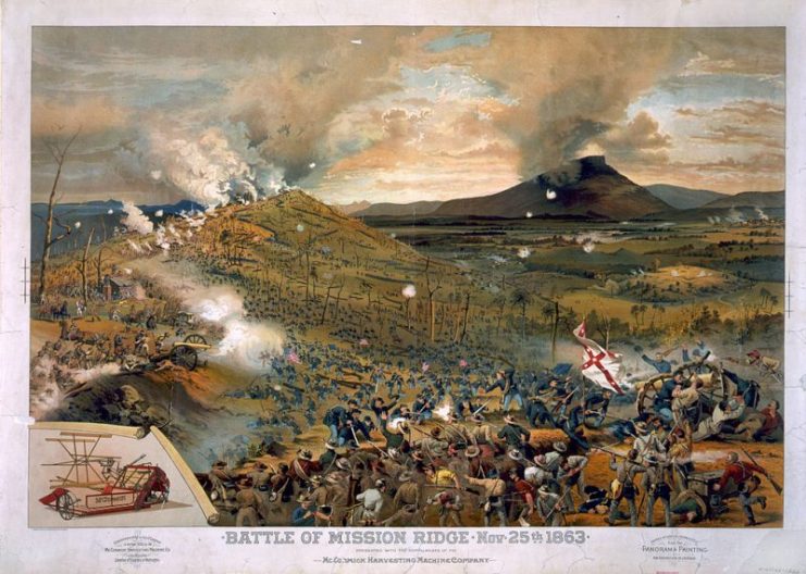 Union troops swarm Missionary Ridge and defeat Bragg’s army during the Battle of Missionary Ridge, 1863