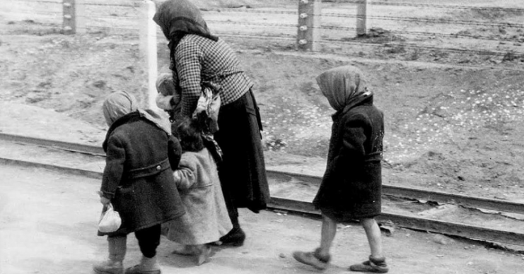 Hungarian Jewish children and an elderly woman on the way to the gas chambers of Auschwitz-Birkenau (1944). Many of the very young and very old were murdered immediately upon arrival and were never registered.