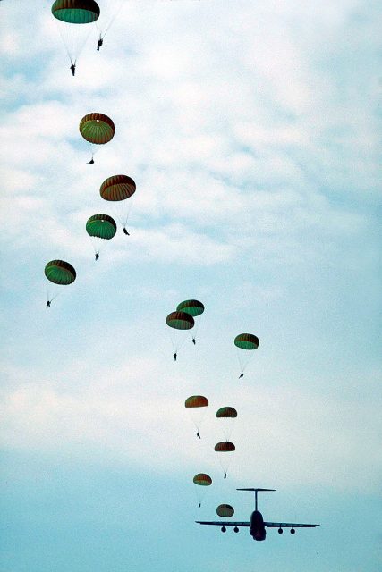USA paratroopers training in a jump at Fort Brag, North Carolina, USA.