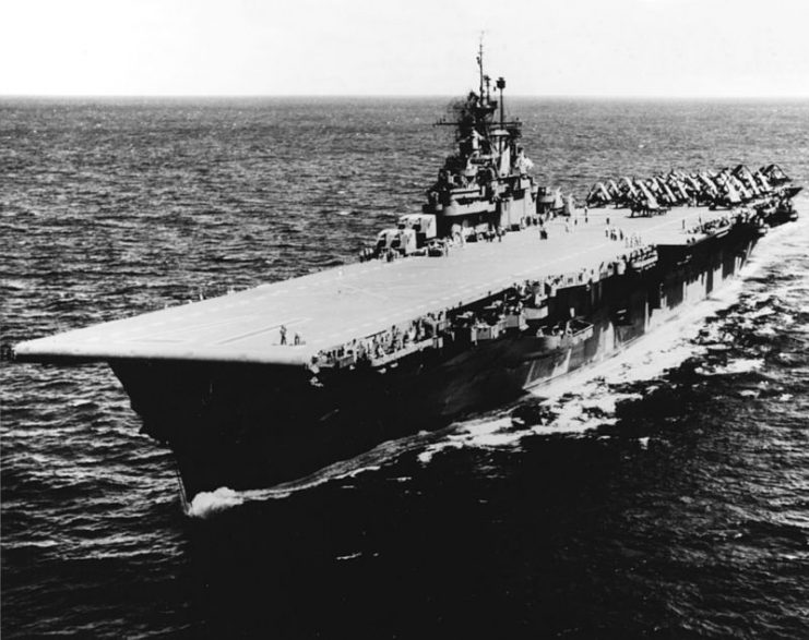 USS Bunker Hill (CV-17) at sea in 1945