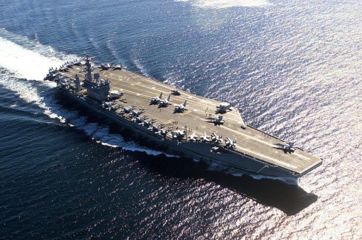 USS Nimitz (CVN-68), lead ship of her class of supercarriers, at sea near Victoria, British Columbia after her 1999-2001 refit.