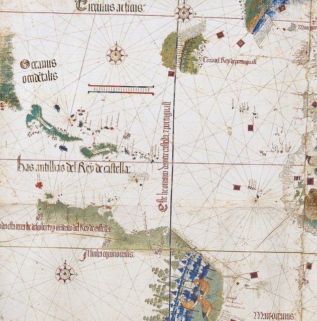 West and the recently reached Americas, Tordesillas line depicted – Cantino planisphere detail