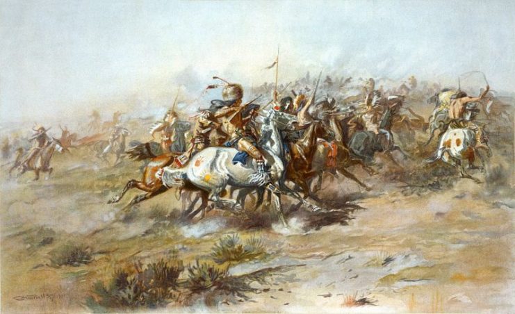 Lithograph showing the Battle of Little Bighorn, from the Indian side.