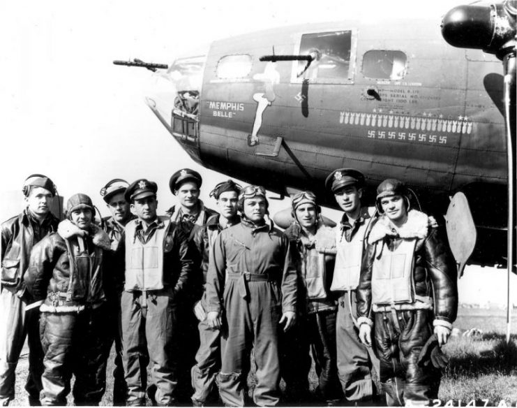 The Memphis Belle crew shown at an air base in England after completing 25 missions over enemy territory on June 7, 1943.