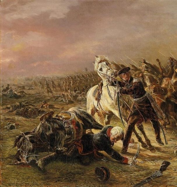 Prussian Prince Blücher hors de combat towards the end of the battle when his horse was killed under him. The man on foot next to him is Count Nostitz-Rieneck