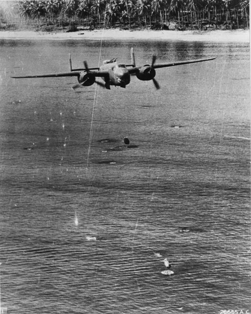 B-25 Mitchell bomber of the 405th Bomb Squadron “Green Dragons” employing the skip-bombing technique against enemy shipping. Southwest Pacific, 1944-45.